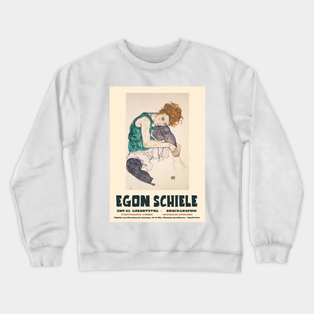 Egon Schiele - Exhibition Art Poster - Seated Woman with Bent Knee Crewneck Sweatshirt by notalizard